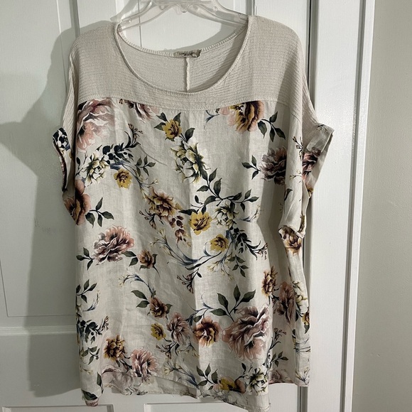 Lungo L'arno Floral Linen Tunic Top Natural Italy Boho Botanical Womans 2X Plus - Picture 1 of 12